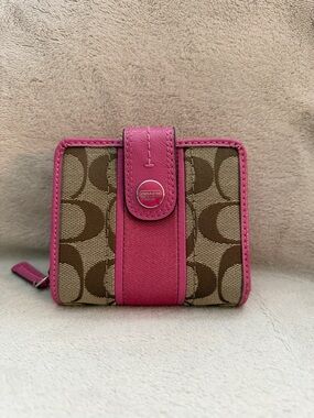Coach Brown Signature Canvas Wallet with Pink Trim